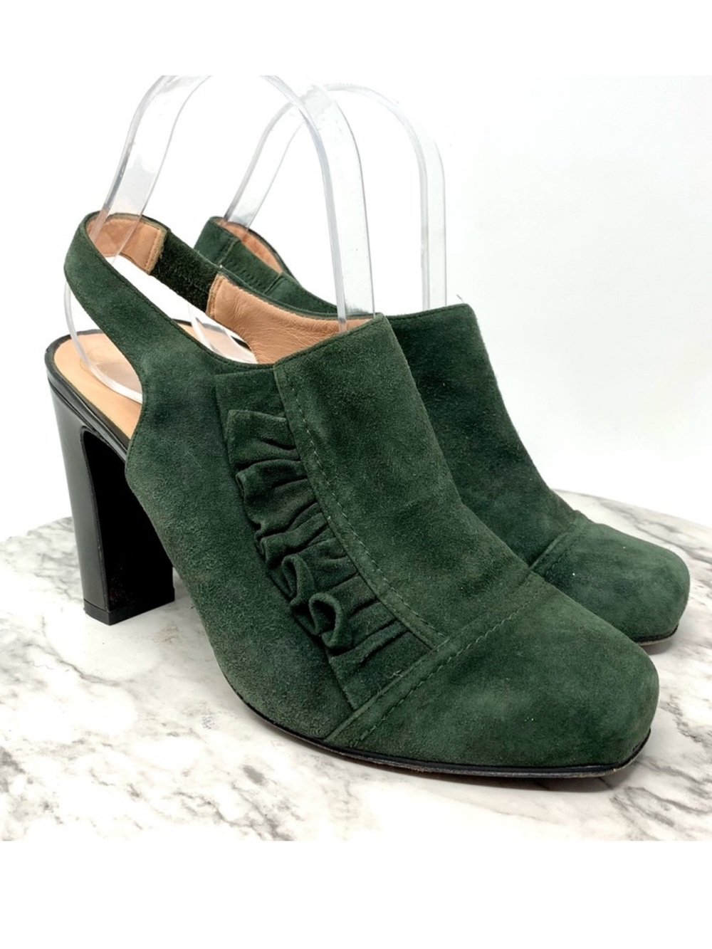 Nanette Lepore Green Suede Ruffle Detail Slingback Booties 8.5 Classic Heritage